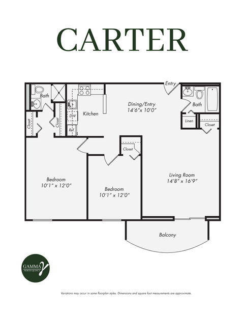 Floor plan for 2 beds, 2 baths, 946 sqft